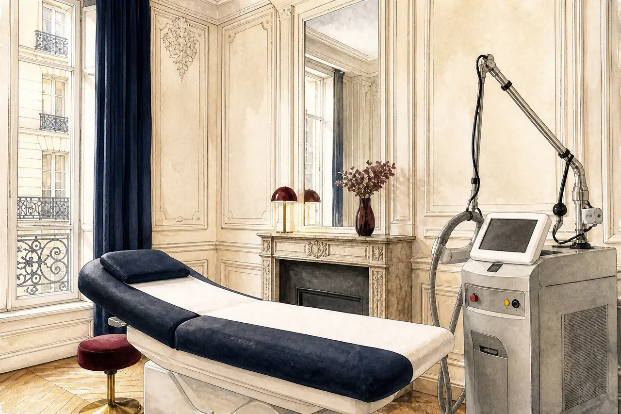 Illustration d’un espace de centre laser : table de soin et appareil de laser médical devant des murs à moulures.